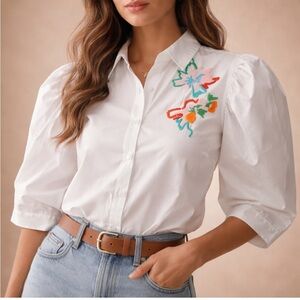 Tanya Taylor White Embroidered Puff Sleeve Button Down Blouse Size 8